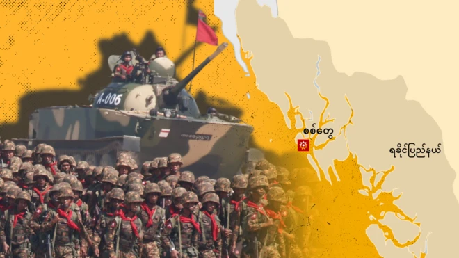 စစ်တွေမြို့မြေပုံ၊ စစ်ကောင်စီတင့်ကားနဲ့ တပ်ဖွဲ့ဝင်တွေ သရုပ်ဖော်ပုံ