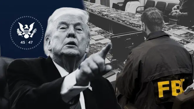 အမေရိကန်သမ္မတ ဒေါ်နယ်ထရမ့်၊ FBI တံဆိပ် အင်္ကျီဝတ်ပြီး ကျောပေးနေတဲ့အမျိုးသားနဲ့ သူ့ရှေ့မှာ ရာထောင်ချီတဲ့ ဖုန်းဟန်းဆက်တွေကို မြင်ရ 