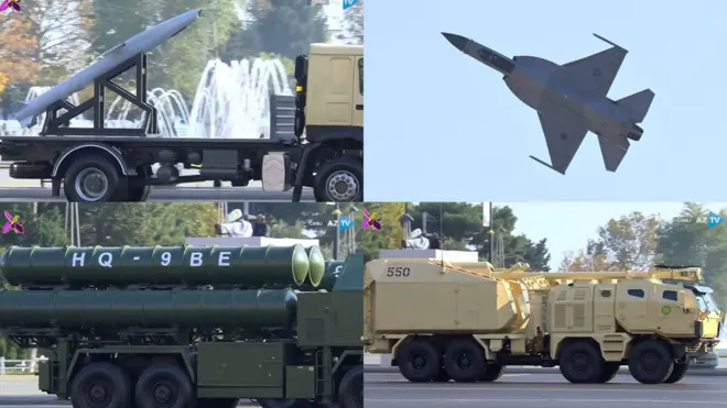 Qələbə paradında Çinin HQ-9 BE raket kompleksi, Pakistanın JF-17 Blok III qırıcıları, İsrailin Sea Breaker raketi, Türkiyənin Bayraktar Akıncı dronu və Serbiyanın NORA B-52 özüyeriyən artilleriyası nümayiş etdirilib.