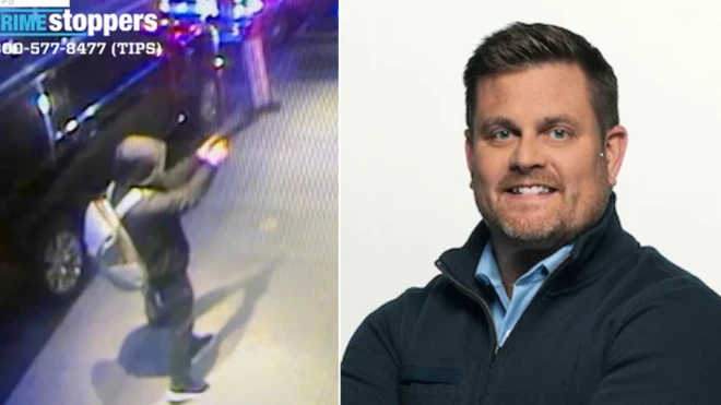 Screengrab of Brian Thompson and CCTV footage of di suspect