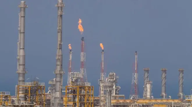 Fire blowing from chimneys at facilities at  South Pars gas field