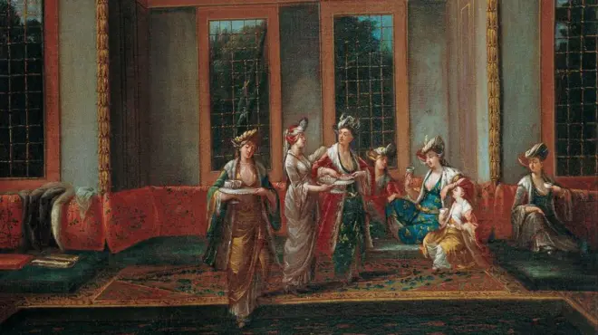 Jean-Baptiste Vanmour'un tablosunda, 1720'lerde sarayda kahve içen kadınlar.