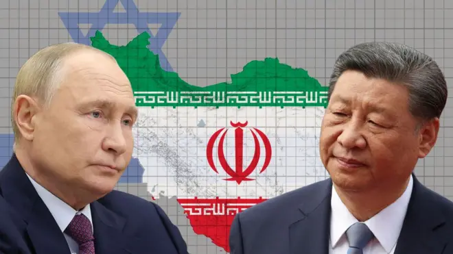 Graphic showing Russian President Vladimir Putin and China's President China's President Xi Jinping, in front of Israeli and Iranian flags