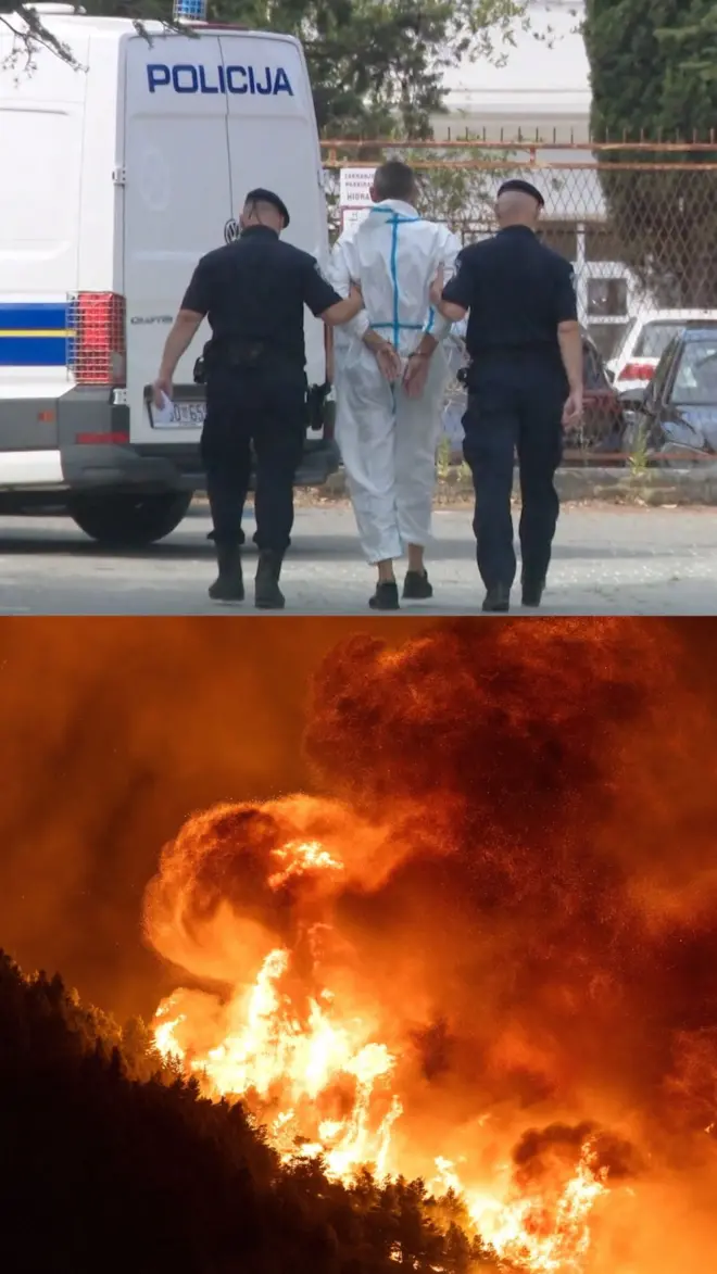 slika gore policija hrvatske vodi osumnjicenog u kombi, slika ispod sumski pozar u hrvatskoj