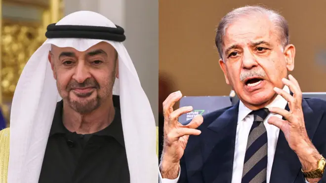 यूएई के राष्ट्रपति शेख़ मोहम्मद बिन ज़ाएद अल नाह्यान और पाकिस्तान के प्रधानमंत्री शहबाज़ शरीफ़