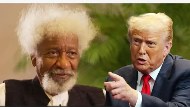 Aworan Ọjọgbọn Wole Soyinka ati Aarẹ Donald Trump. Soyinka lapa osi, Trump lapa ọtun. Soyinka wọ aṣo dudu lorii funfun, irun ori ati ti àgbọ̀n rẹ funfun lẹlẹ. Trump naa wọ kootu oyinbo, irun ori rẹ pupa. O na ika aarin rẹ bo ti n sọrọ ninu fọto yii.