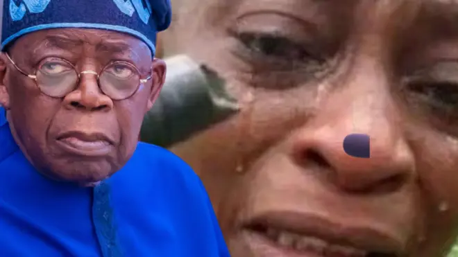 Aarẹ Bola Tinubu wọ aṣọ buba olomi buluu pẹlu fila ati aworan oju ọga ile ẹkọ pẹlu omije loju
