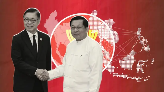 ဝန်ကြီးဆီဟာဆတ်နဲ့ စစ်ခေါင်းဆောင်ကနေ သမ္မတရာထူးယူလာတဲ့ဦးမင်းအောင်လှိုင်နဲ့ အာဆီယံသရုပ်ဖော်ပုံ 