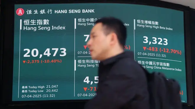 지난 7일 홍콩의 항셍은행 본사 건물 스크린에 표시된 항셍지수