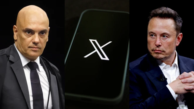 Alexandreroleta da sorteMoraes, logo do X e Elon Musk