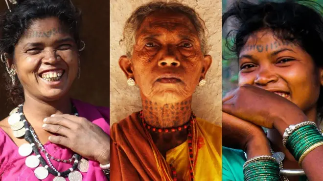 बैगा स्त्रीच्या माथ्यावरील गोंदण