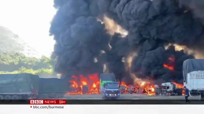 ကျင်စန်းကျော့ နယ်စပ်ဂိတ် ကုန်တင်ကားတွေ မီးလောင်ပျက်စီး သိန်းထောင်ချီ ဆုံးရှုံး