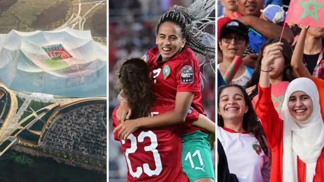 Un triptyque représentant une impression d'artiste du Stade Hassan II, Rosella Ayane et Fatima Tagnaout célébrant un but et deux supportrices marocaines.