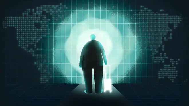 Абстрактний малюнок у чорно-зелених тонах - фігура людини з валізою стоїть біля схематичної мапи світу