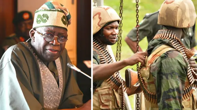 Collage of President Tinubu and sojas wey carry gun