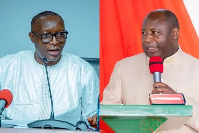 Minisitiri Edouard Bizimana (ibumoso) na Perezida Ndayishimiye (iburyo) mu bihe bitandukanye
