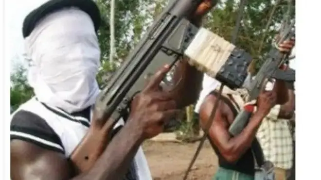 Awọn eeyan kan na ibọn soke ninu awora yii, wọm da aṣọ bo oju wọn