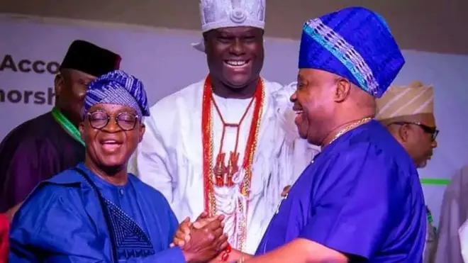 Oyetola ati Adeleke pẹlu Ooni ile Ifẹ