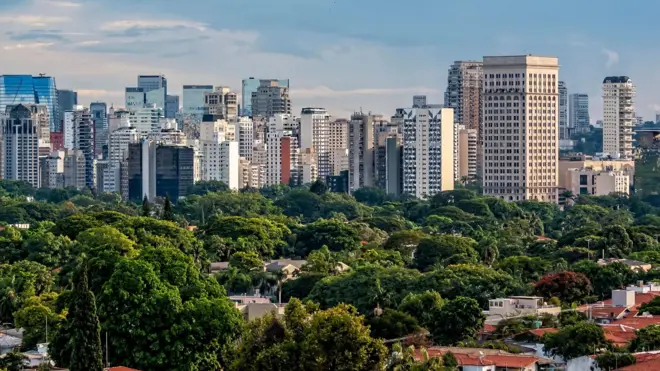 Imagem mostra cidadebets bola bom futebolSão Paulo com área verde entre prédios