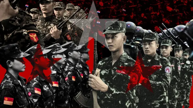 BPLA, SAF, KNDF, 96 Soldiers စတဲ့တပ်ဖွဲ့ဝင်တွေရဲ့ပုံကို ကြယ်ပွင့်အဖြူပေါက် တစ်ခုနဲ့ ပေါင်းစပ်ထားတဲ့ အနီရောင် အဖြူရောင် မီးခိုးရောင် ပေါင်းစပ် ဓာတ်ပုံ၊ ဓာတ်ပုံ ညာဘက်ပိုင်းမှာ အမျိုးသမီးတပ်ဖွဲ့ဝင်တစ်ဦး ဘေးစောင်းရပ်နေ၊ ဓာတ်ပုံ အလယ်မှာတော့ BPLA တပ်ဖွဲံဝင် အမျိုးသား ၄ ဦး လက်နက်ကိုင် အလေးပြုနေတဲ့ပုံ၊ ကျောင်းသားတပ်တော် တပ်ဖွဲ့ဝင်အချို့ကို ဓာတ်ပုံမှာ မြင်ရပါတယ် 