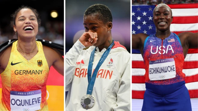 Ogunleye, Echikunwoke and Naser dey celebrate dia victory as dey show of di flags of kontris wey dem represent