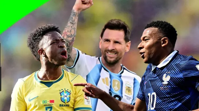 Una foto compuesta con Vinicius Junior, Lionel Messi y Kylian Mbappe con los respectivos uniformes de su selección