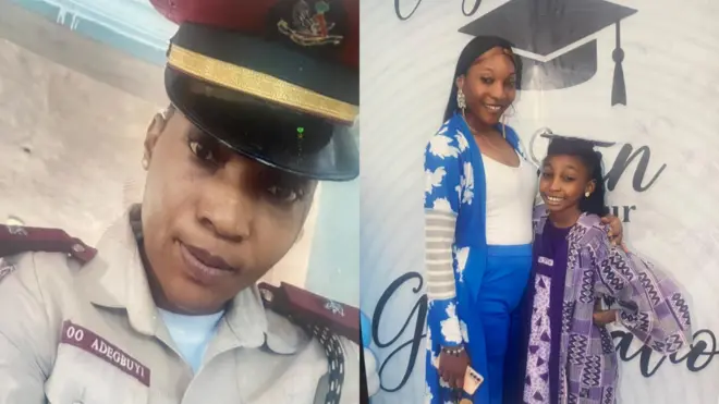 Oluwamayokun Lasisi ninu aṣọ iṣẹ ajọ ẹṣọ oju popo pẹlu ọmọbinrin rẹ Sewa