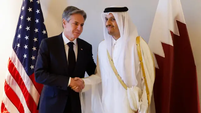 دیدار وزیر امور خارجه ایالات متحده با نخست وزیر و وزیر خارجه قطر در امان، پایتخت اردن در بحبوبه درگیری‌های جاری بین اسرائیل و حماس – ۴ نوامبر ۲۰۲۳