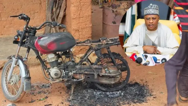 Collage of images of a burnt motorcycle from the attack on Naridon community, and Governor of Kaduna State Uba Sani