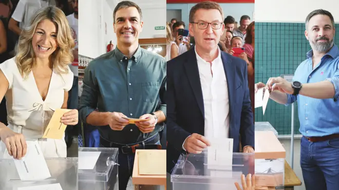 Yolanda Díaz, que comanda la coalición de izquierdas Sumar, Pedro Sánchez (PSOE), presidente del gobierno, Alberto Núñez Feijóo (PP), y Santiago Abascal, líder de Vox. 