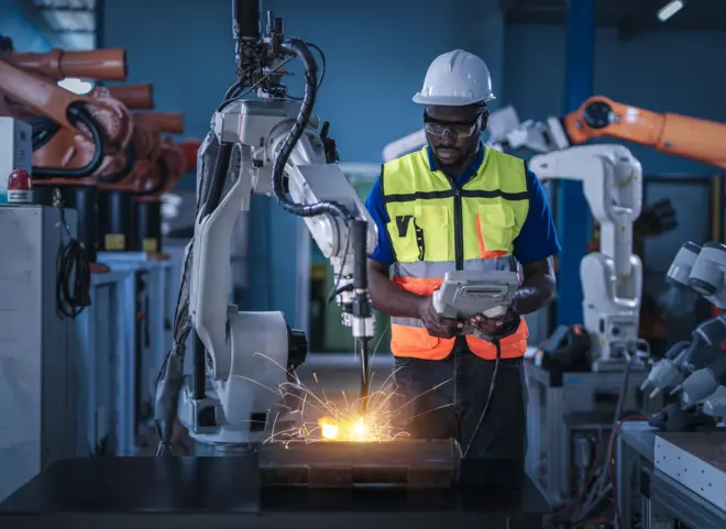 Des ingénieurs africains supervisent le soudage à l'arc robotisé sur la chaîne de production d'une usine