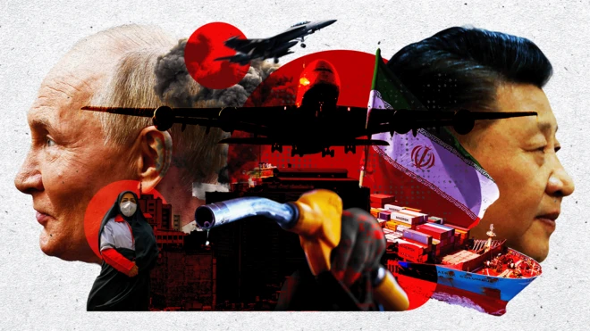 BBC 的一张图表显示，俄罗斯总统普京和中国国家主席习近平看向相反的方向，中间被一幅照片蒙太奇隔开，照片中描绘了加油泵、货柜船、战机、客机、伊朗妇女、国旗、以及一团黑烟。