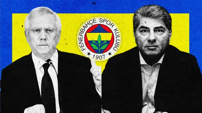 İllüstrasyon: Fenerbahçe'nin başkan adayları Aziz Yıldırım ve Hakan Safinin resimleri. Arkada sarı lacivert Fenerbahçe logosu