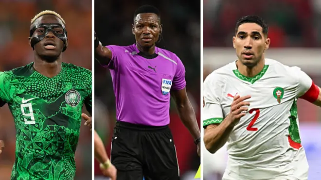 Victor Osimhen wear Nigeria dark green flowered jersey. Ghanaian referee Daniel Nii Ayi Laryea wear referee uniform wey be purple shirt and black shorts. Achraf Hakimi wear all white Morocco jersey