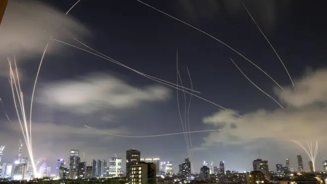 The Iron Dome, the Israeli air defense system, intercepts missiles fired from Iran, over Tel Aviv, Israel, 17 June 2025. Israel and Iran have been exchanging fire since Israel attacked Iran on 13 June 2025 as part of operation 'Rising Lion'.
Iranian ballistic missile attack on Tel Aviv, Israel - 17 Jun 2025