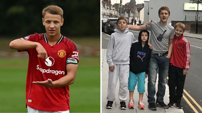 Коллаж с фото Амира Ибрагимова в форме «Манчестер Юнайтед» слева и групповым фото всех четверых братьев Ибрагимовых справа