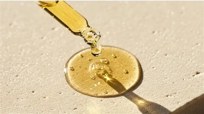 सानो बोतलबाट सुनौलो रङ्गको थोपा भुइँमा चुहिएको देखिन्छ