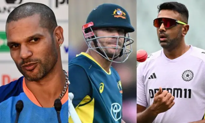 शिखर धवन, डेविड वॉर्नर और रविचंद्रन अश्विन (बाएं से दाएं)