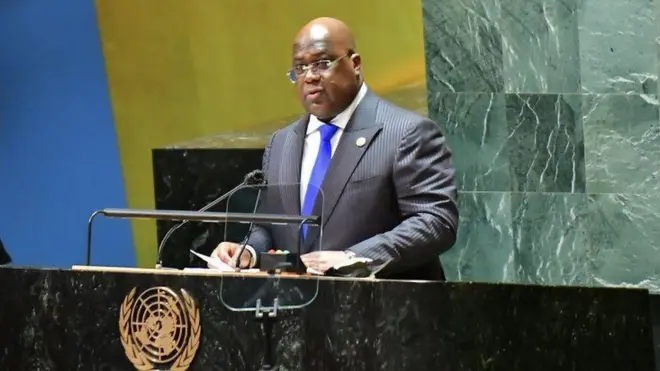 Perezida wa Repubulika ya Demokarasi ya Congo Félix Tshisekedi ageza ijambo ku nama ya 79 y'inteko rusange ya ONU, ku wa gatatu, ku itariki ya 25 Nzeri (9) mu mwaka wa 2024, i New York, muri Amerika