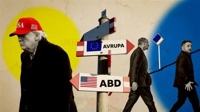 İllüstrasyon Trump, Merz ve Zelensky'yi farklı yönlere yürürken gösteriyor