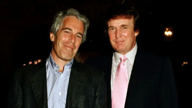 American financier Jeffrey Epstein, left, and Donald Trump pose together in 1997