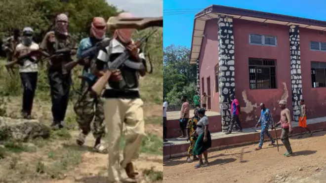 Awọn janduku agbebọn faṣọ boju ati awọn eeyan ilu Eruku niwaju ile ijọsin CAC nipinlẹ Kwara.