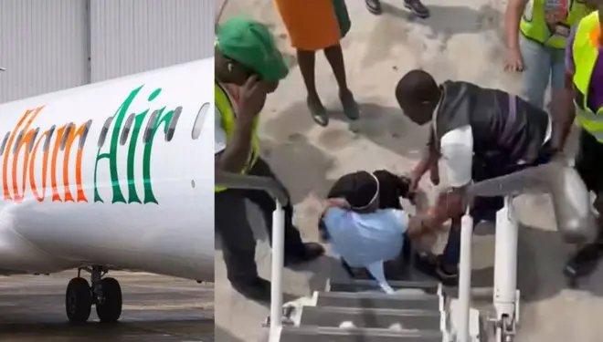 Aworan Baaluu IbomAir ati obinrin ti wọ sọkalẹ ninu baaluu lẹyin to fa rogbodiyan ninu baaluu