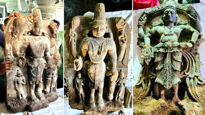 मंदिरातील तळघरात सापडलेल्या मूर्ती.