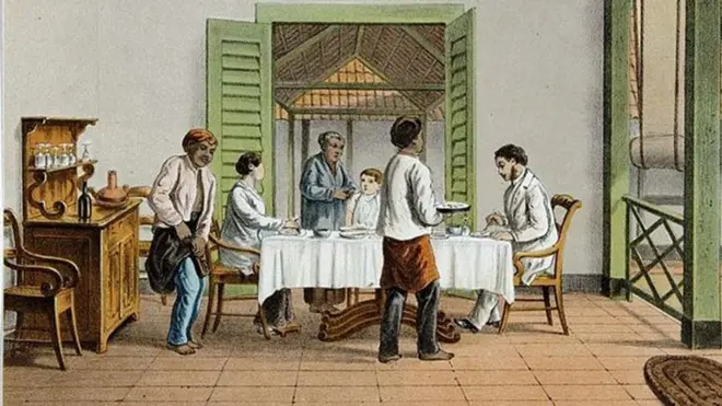  Ilustasi Rijstafel di sebuah keluarga kolonial. 
