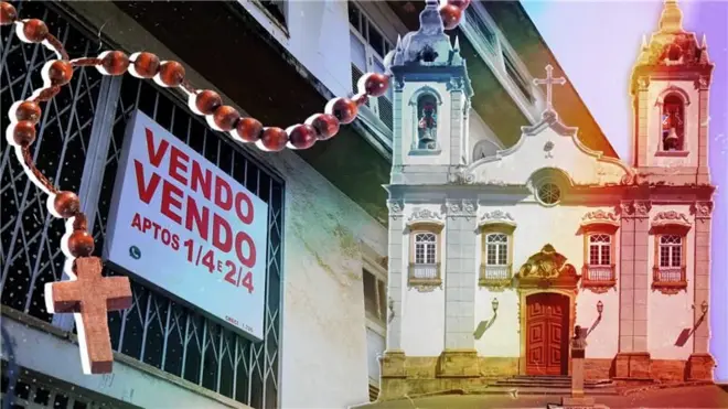 Montagem mostra casa a venda, ao lado de imagem de uma igreja e um terço