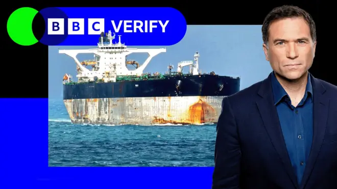 A composite image showing the BBC Verify logo alongside Ros Atkins and a photo of an oil tanker.