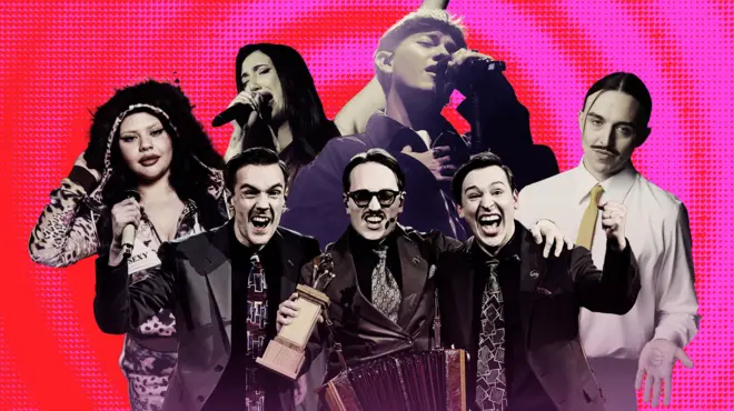 Коллаж с изображениями артистов-фаворитов Евровидения-2025.