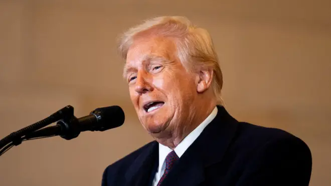  President Donald Trump speaks to the crowd in the VIP overflow viewing area in Emancipation Hall after being sworn in as the 47th President of the United States in the U.S. Capitol on Monday, January 20, 2025