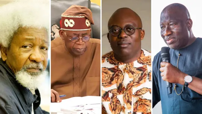 A collage picture of Wole Soyinka, Bola Tinubu, Siminalayi Fubara, Goodluck Jonathan